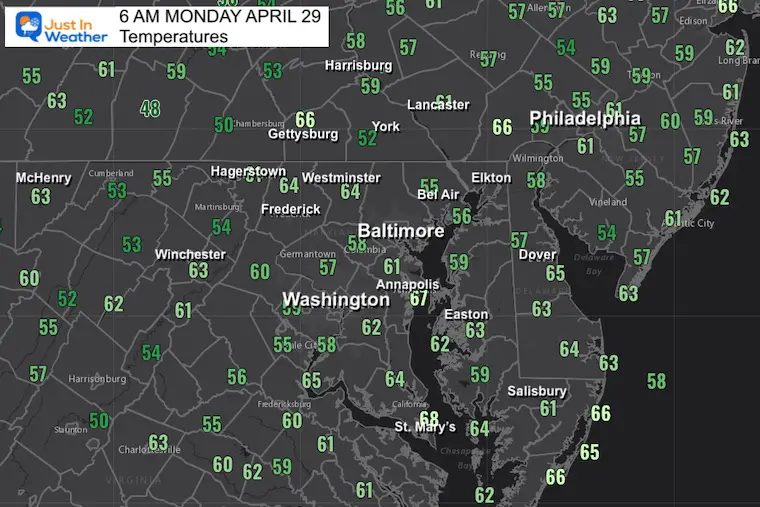 April 29 weather temperatures Monday morning