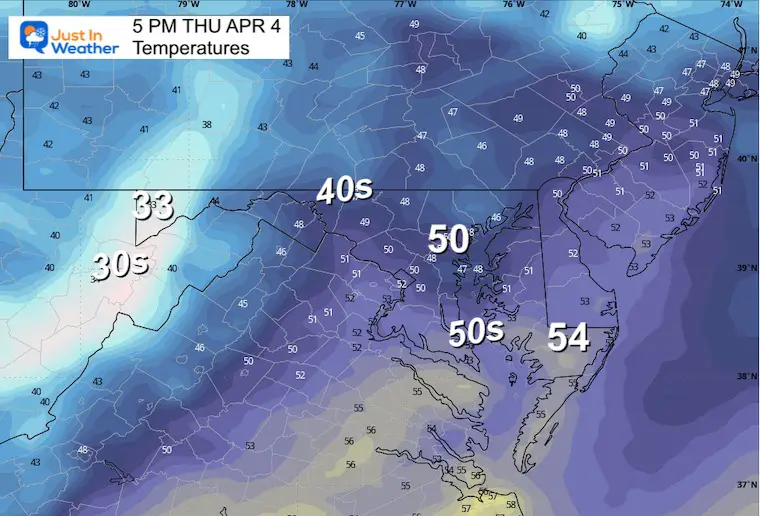 April 3 weather forecast temperatures Thursday afternoon