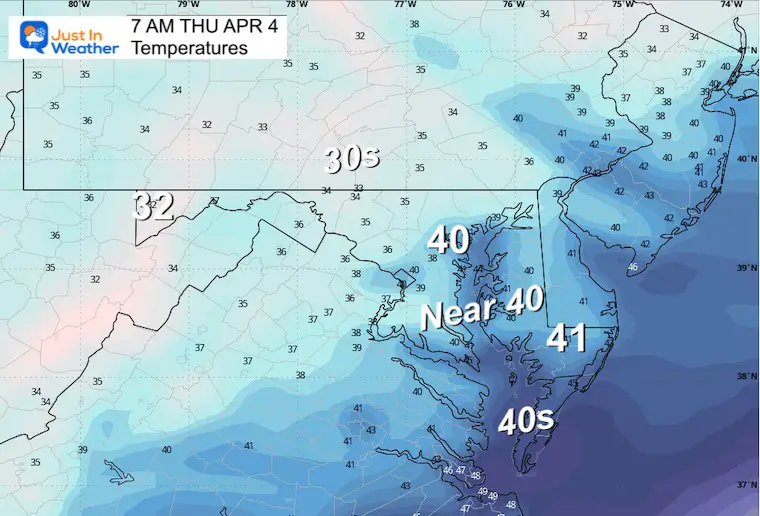 April 3 weather forecast temperatures Thursday morning