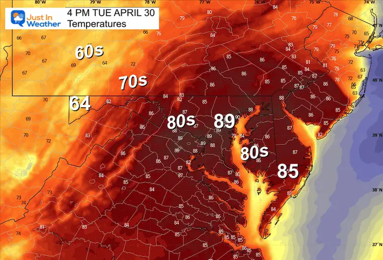 April 30 weather temperatures Tuesday afternoon