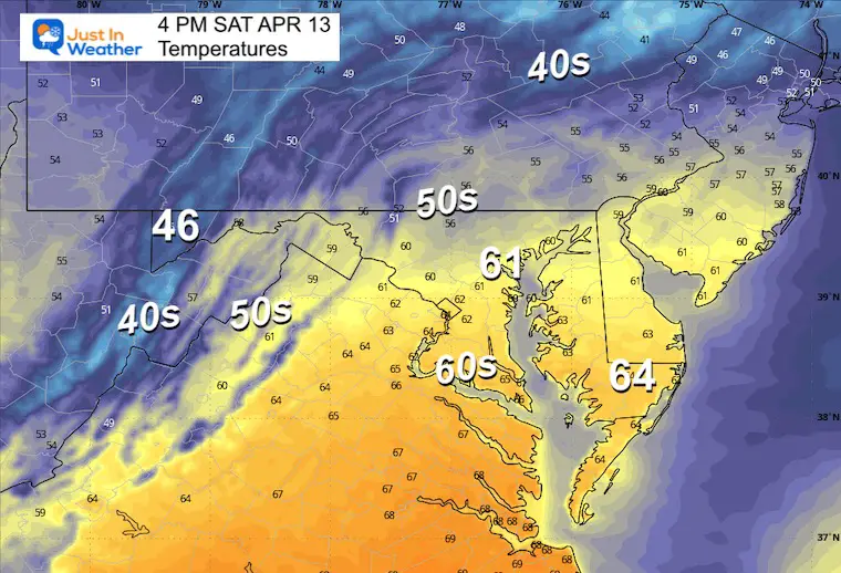 April 13 weather temperatures Saturday afternoon