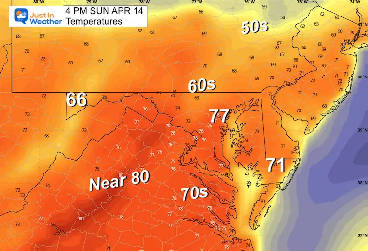 April 13 weather temperatures Sunday afternoon