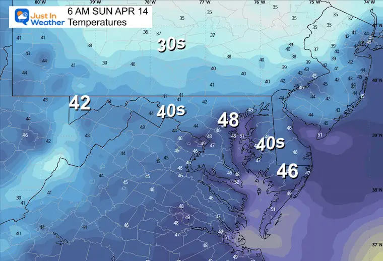 April 13 weather temperatures Sunday morning