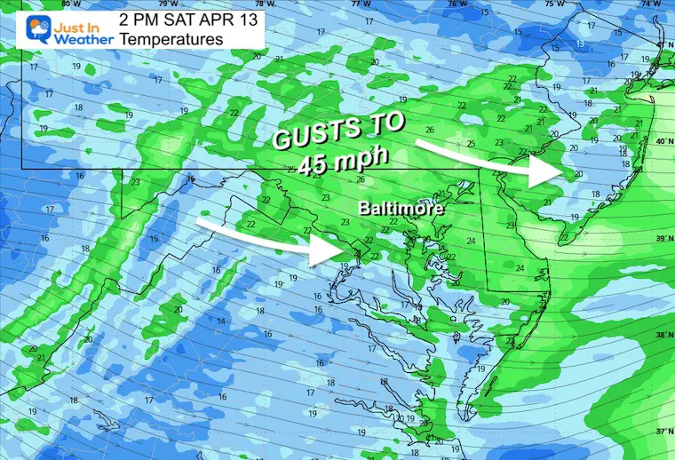April 13 weather wind forecast Saturday afternoon