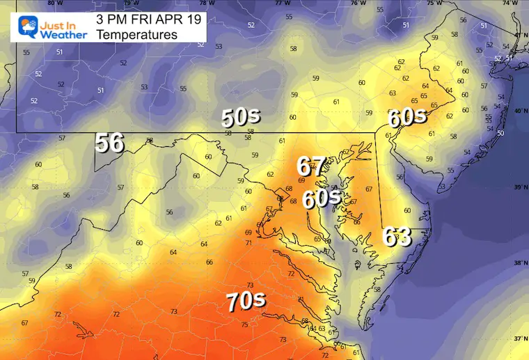 April 18 weather forecast temperatures Friday afternoon