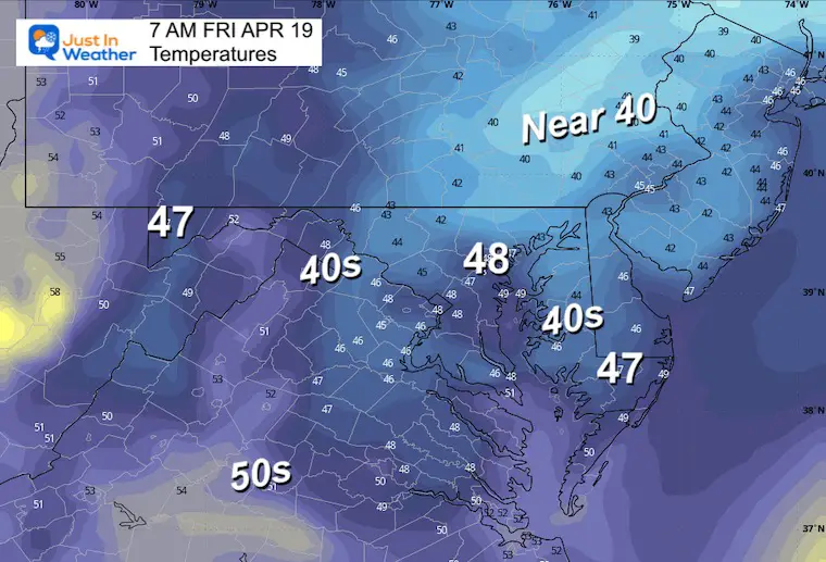 April 18 weather forecast temperatures Friday morning