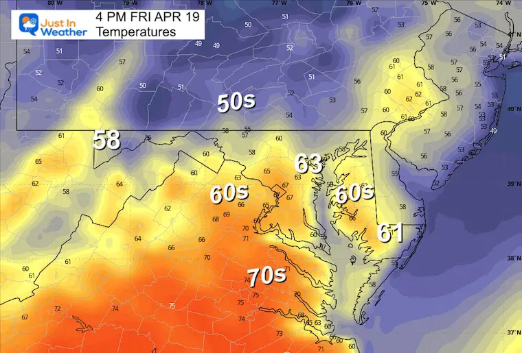 April 19 weather forecast temperatures Friday afternoon