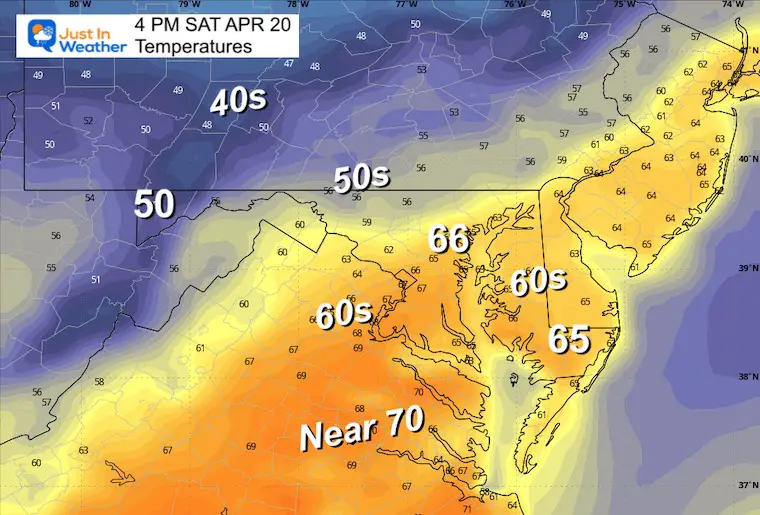 April 19 weather forecast temperatures Saturday afternoon