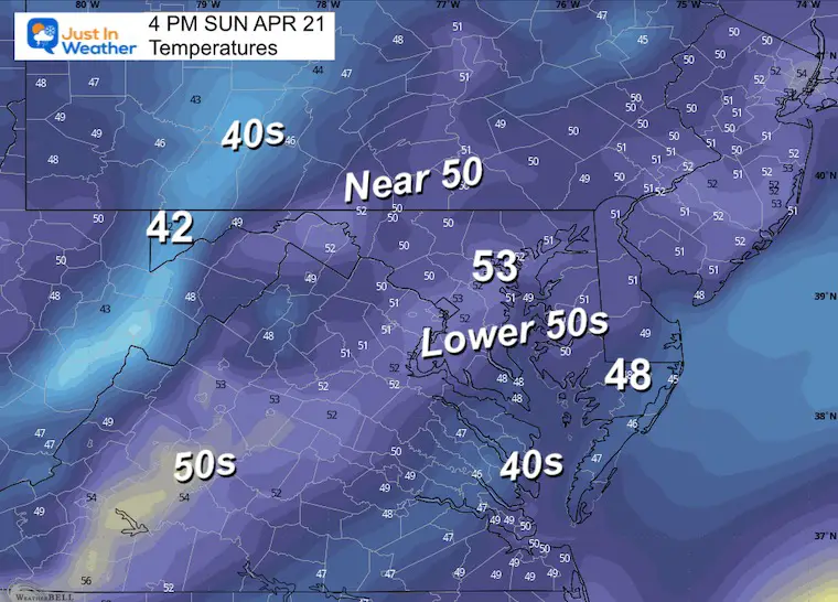 April 21 weather temperatures Sunday afternoon