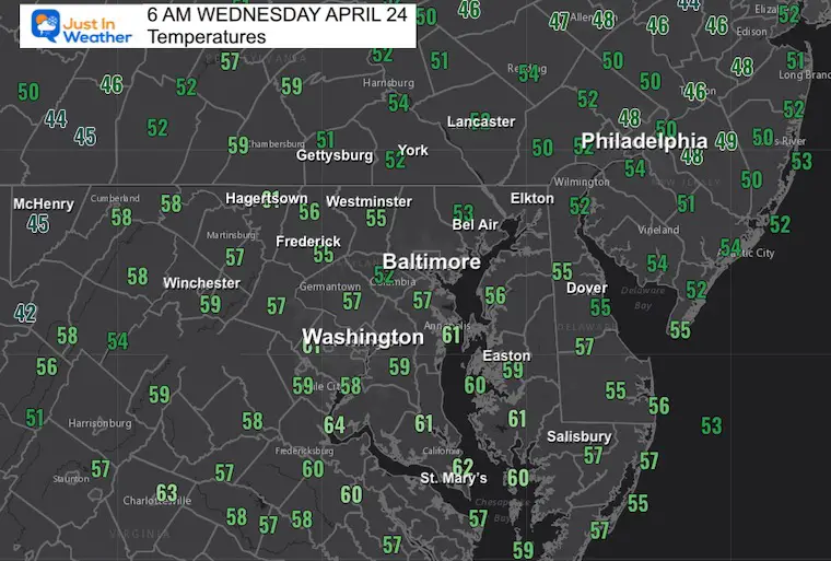April 24 weather temperatures Wednesday morning