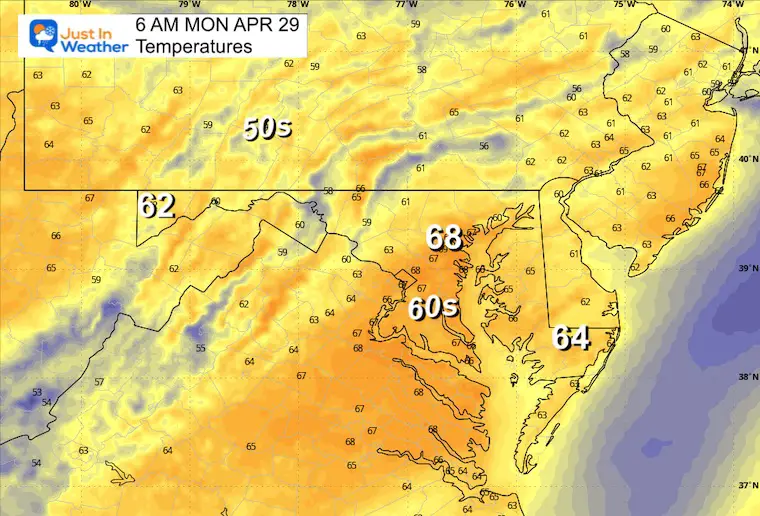 April 28 weather temperatures Monday morning
