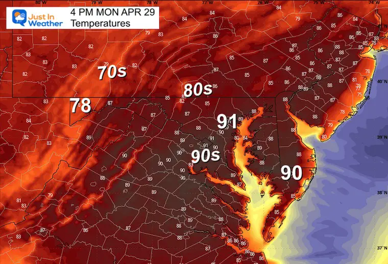 April 29 weather temperatures Monday afternoon