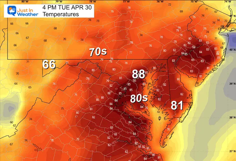 April 29 weather temperatures Tuesday afternoon