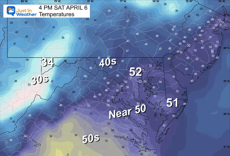 April 5 weather forecast temperatures Saturday afternoon