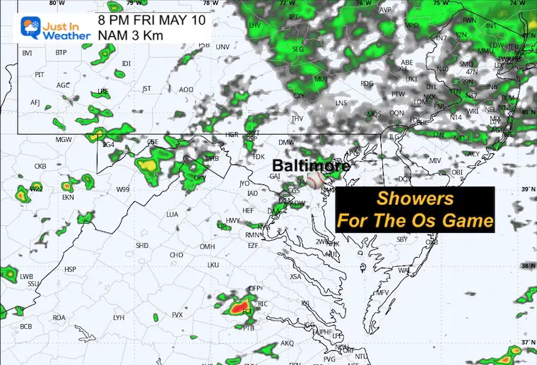 May 10 weather radar rain Friday Orioles Game