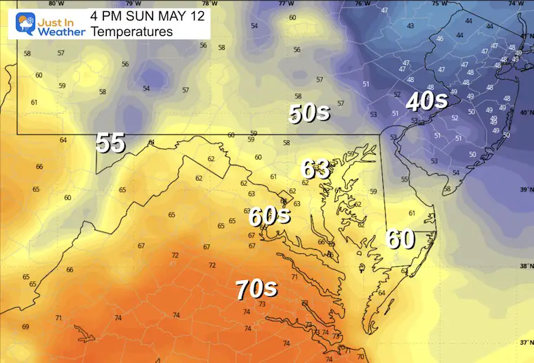May 11 weather forecast temperatures Mothers Day Sunday afternoon