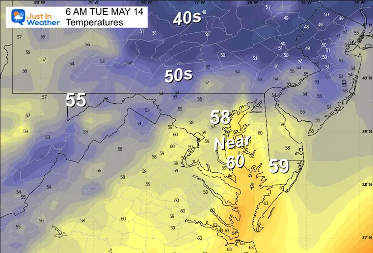 May 13 weather temperatures Tuesday morning