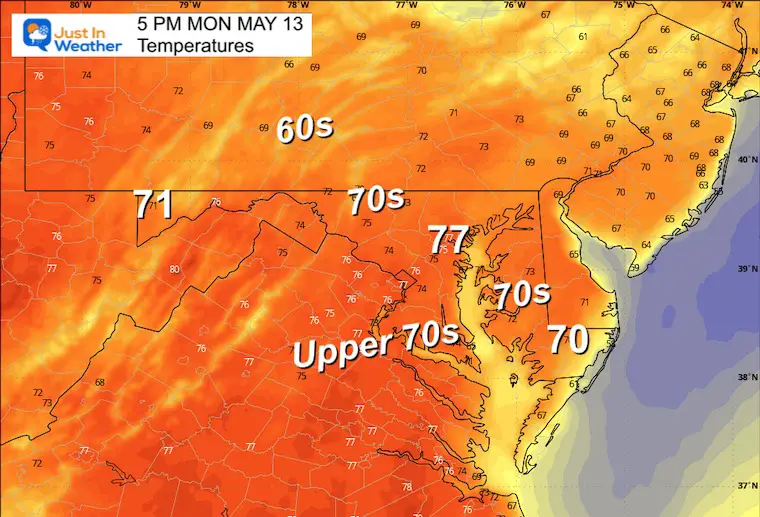 May 13 weather temperatures Monday afternoon