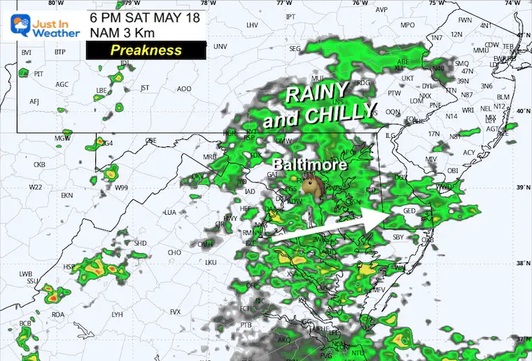 May 17 weather Preakness Saturday race time