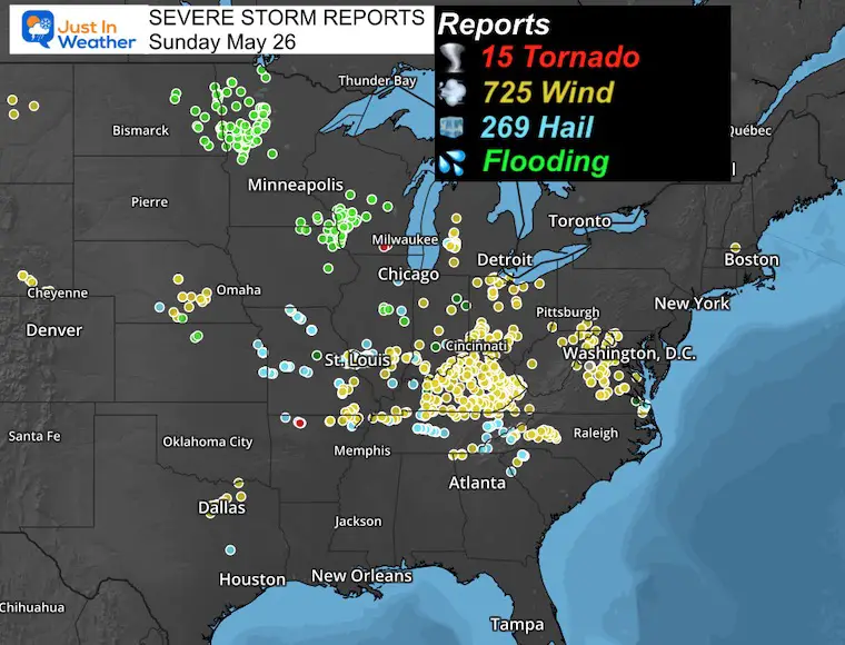 NOAA Severe Storm Reports Sunday Tornado Hail