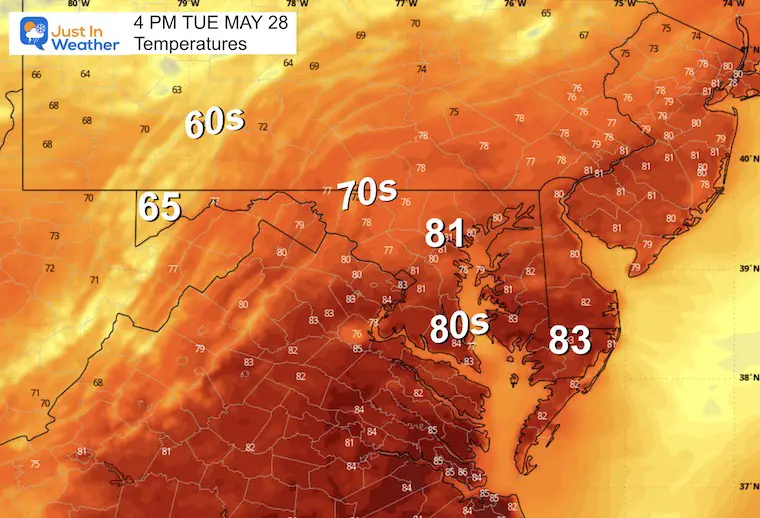May 28 weather temperatures Tuesday afternoon