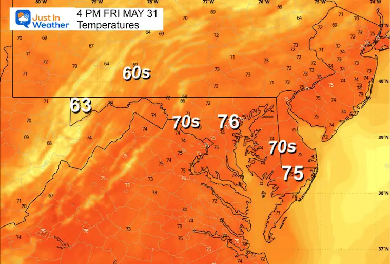 May 31 weather temperatures Friday afternoon