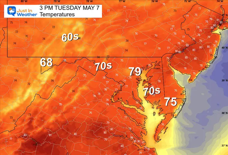 May 7 weather forecast temperatures Tuesday afternoon