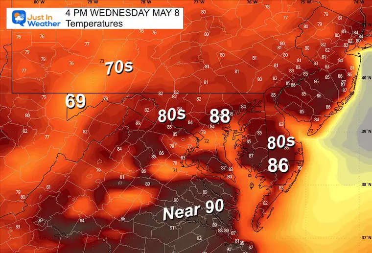 May 7 weather forecast temperatures Wednesday afternoon