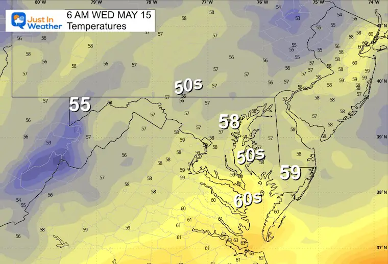 May 14 weather forecast temperatures Wednesday morning