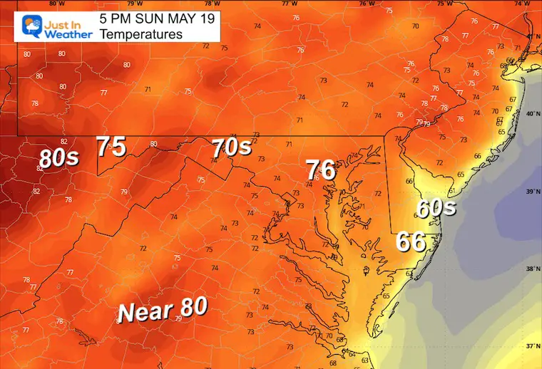 May 18 weather forecast temperatures Sunday afternoon