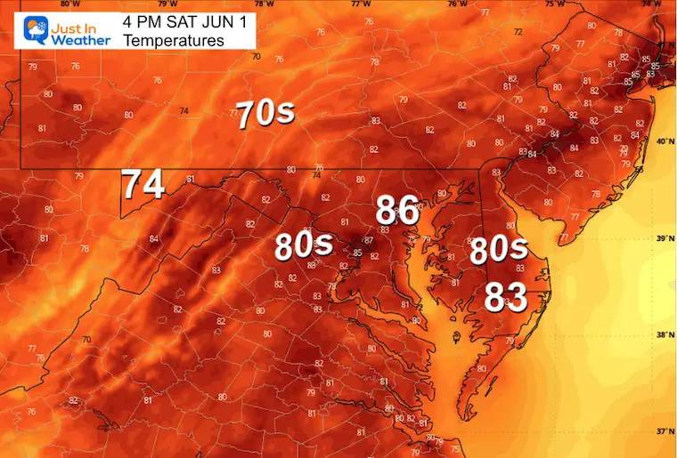 June 1 weather temperatures Saturday afternoon