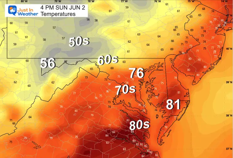 June 1 weather temperatures Sunday afternoon