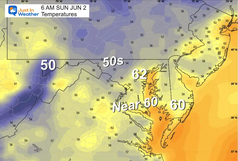 June 1 weather forecast temperatures Sunday morning