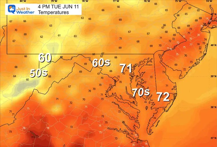 June 10 weather forecast temperatures Tuesday afternoon