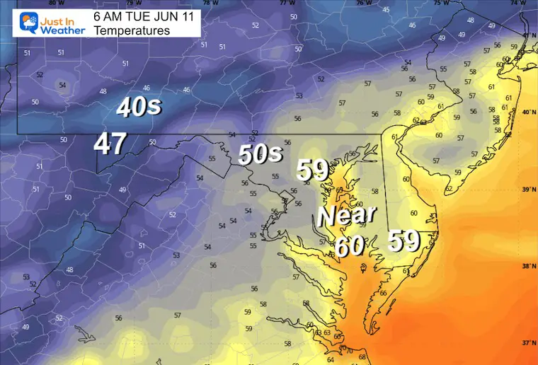 June 10 weather forecast temperatures Tuesday morning