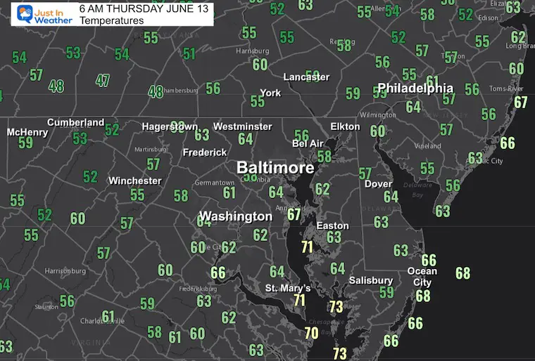 June 13 weather temperatures Thursday morning