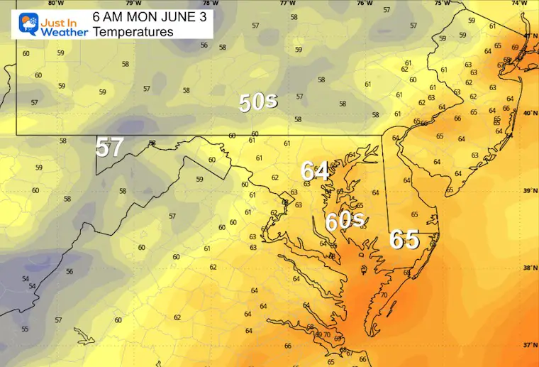 June 2 weather temperatures Monday Morning