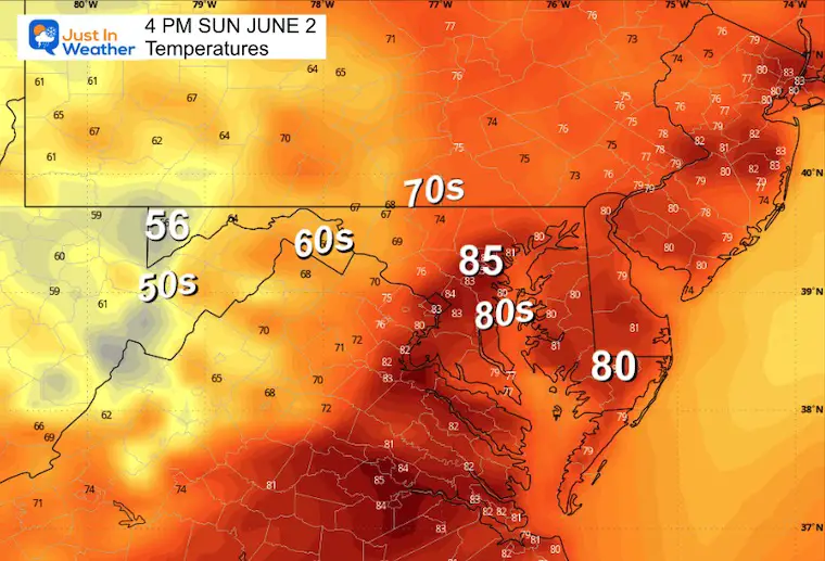 June 2 weather temperatures Sunday afternoon 