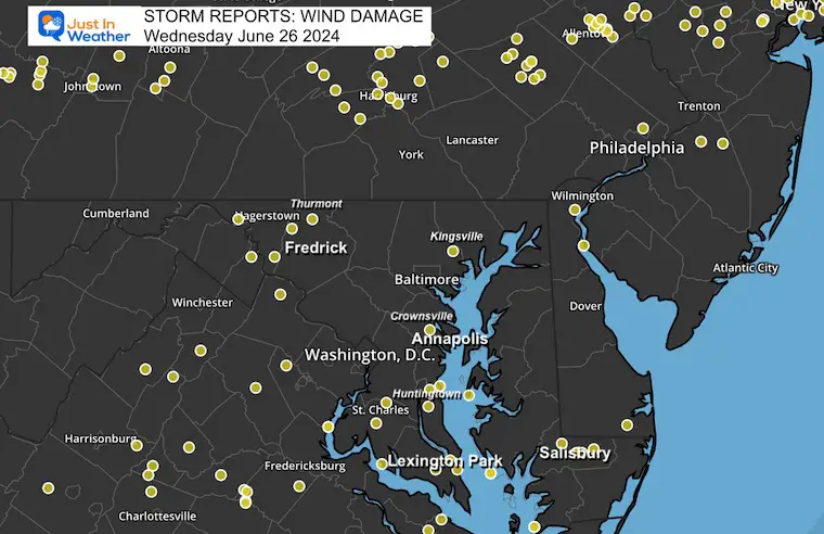 June 27 weather storm reports Wednesday Maryland Pennsylvania