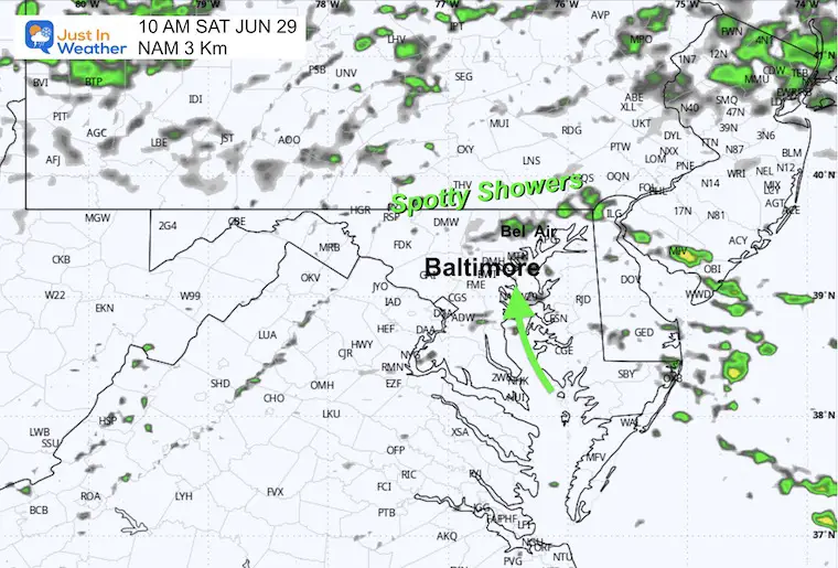 June 28 weather radar simulation Saturday 6 AM