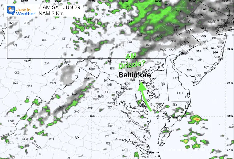 June 28 weather radar simulation Saturday 6 AM