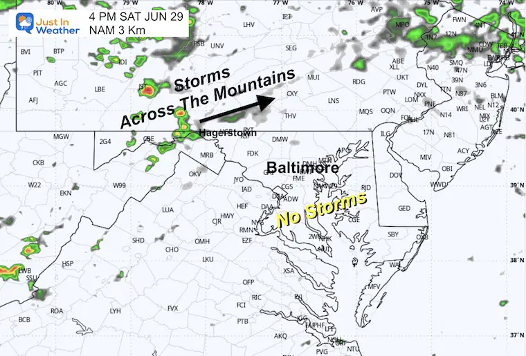 June 28 weather radar simulation Saturday afternoon