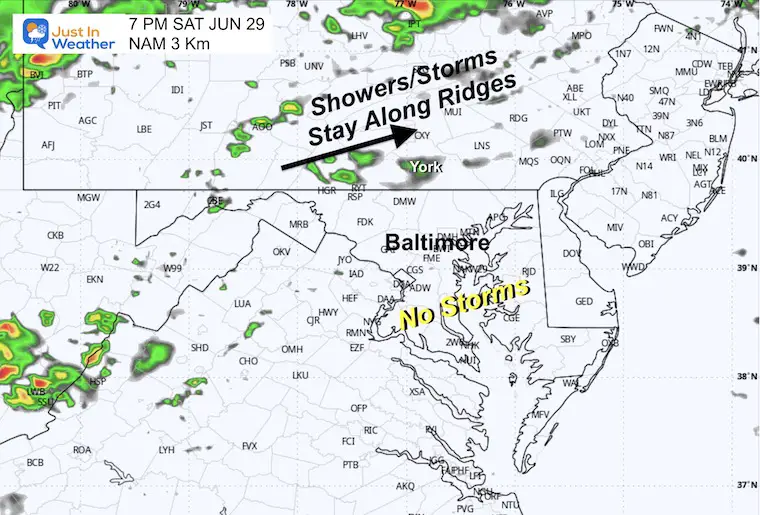 June 28 weather radar simulation Saturday evening