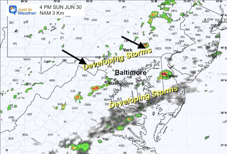June 28 weather storm radar Sunday 4 PM