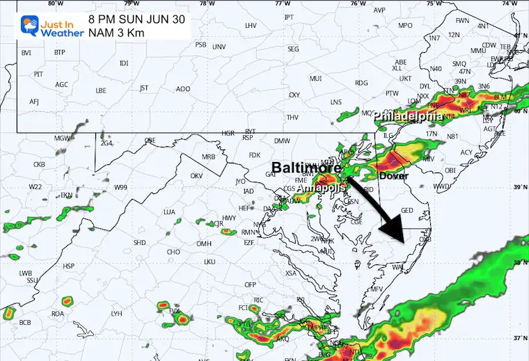 June 30 weather radar storm forecast Sunday 8 PM
