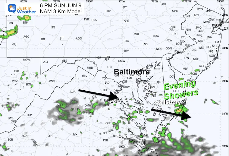 June 8 weather rain radar Sunday 6 PM
