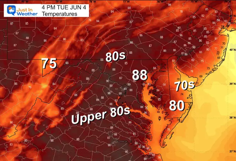 June 4 weather forecast temperatures Tuesday afternoon