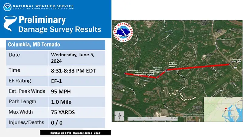 Tornado Report Columbia MD June 5 NWS Map