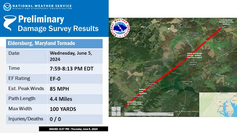 Tornado Report Eldersburg MD June 5 NWS Map