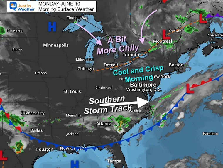 June 10 weather map Monday morning
